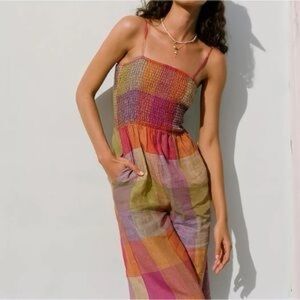 Anthropologie dRA Los Angeles rainbow plaid sierra smocked linen jumpsuit size L